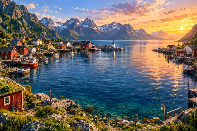En norsk fjord i solnedgang med brygger, båter og fjell.